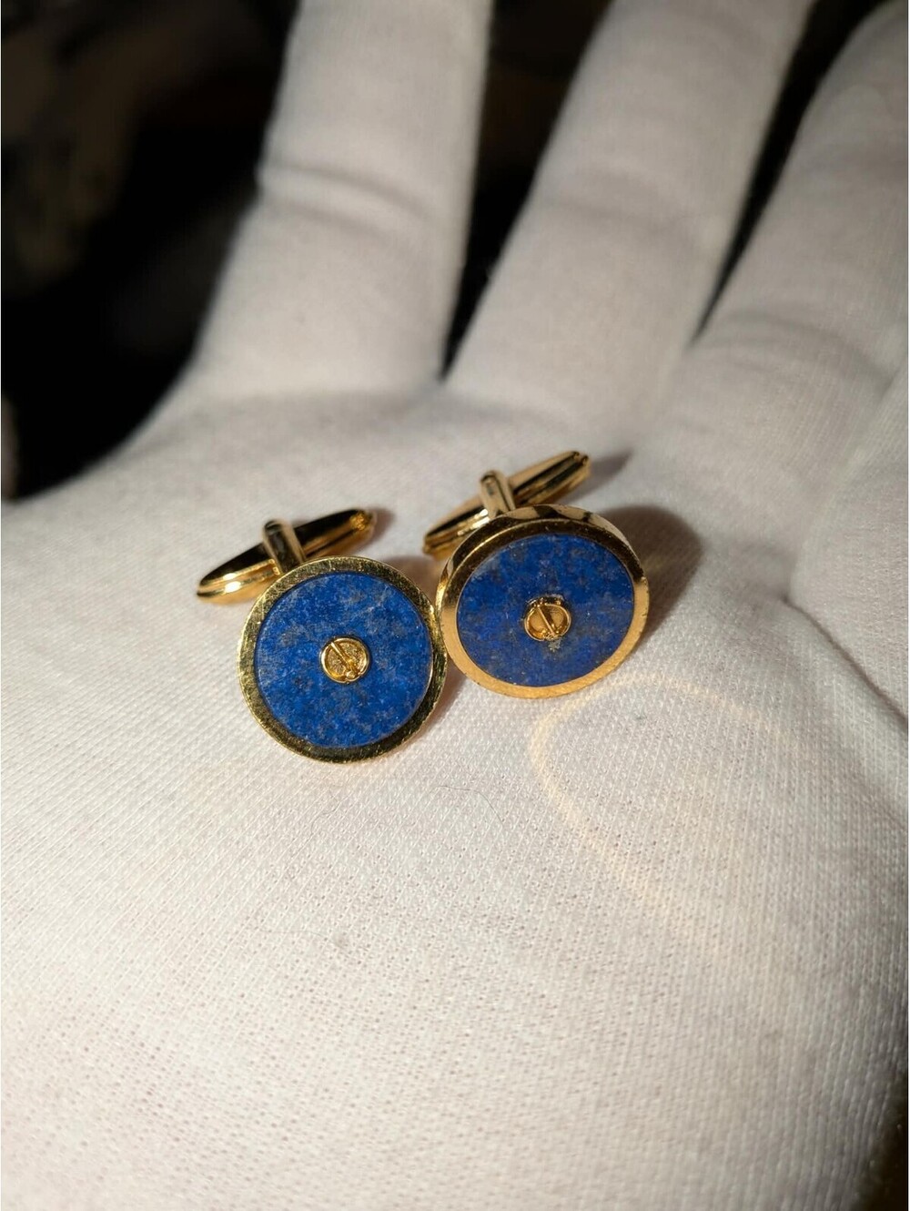 Dunhill Cuffs Cufflinks Logo Round Blue Lapis Lazuli Men's Jewelry Gold Plated